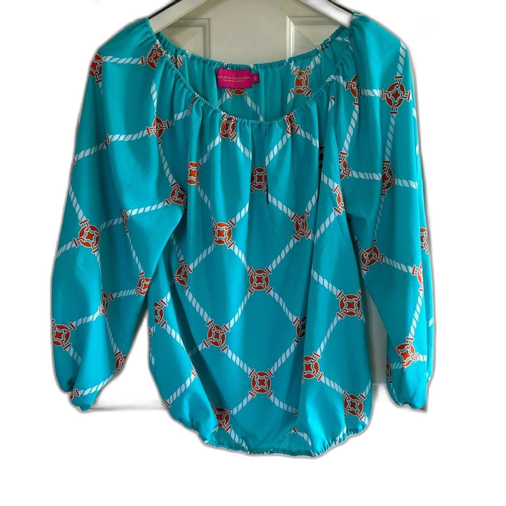 Macbeth Collection Blouse Nautical Rope Teal Orange Stretch Womens Top Small 4 6
